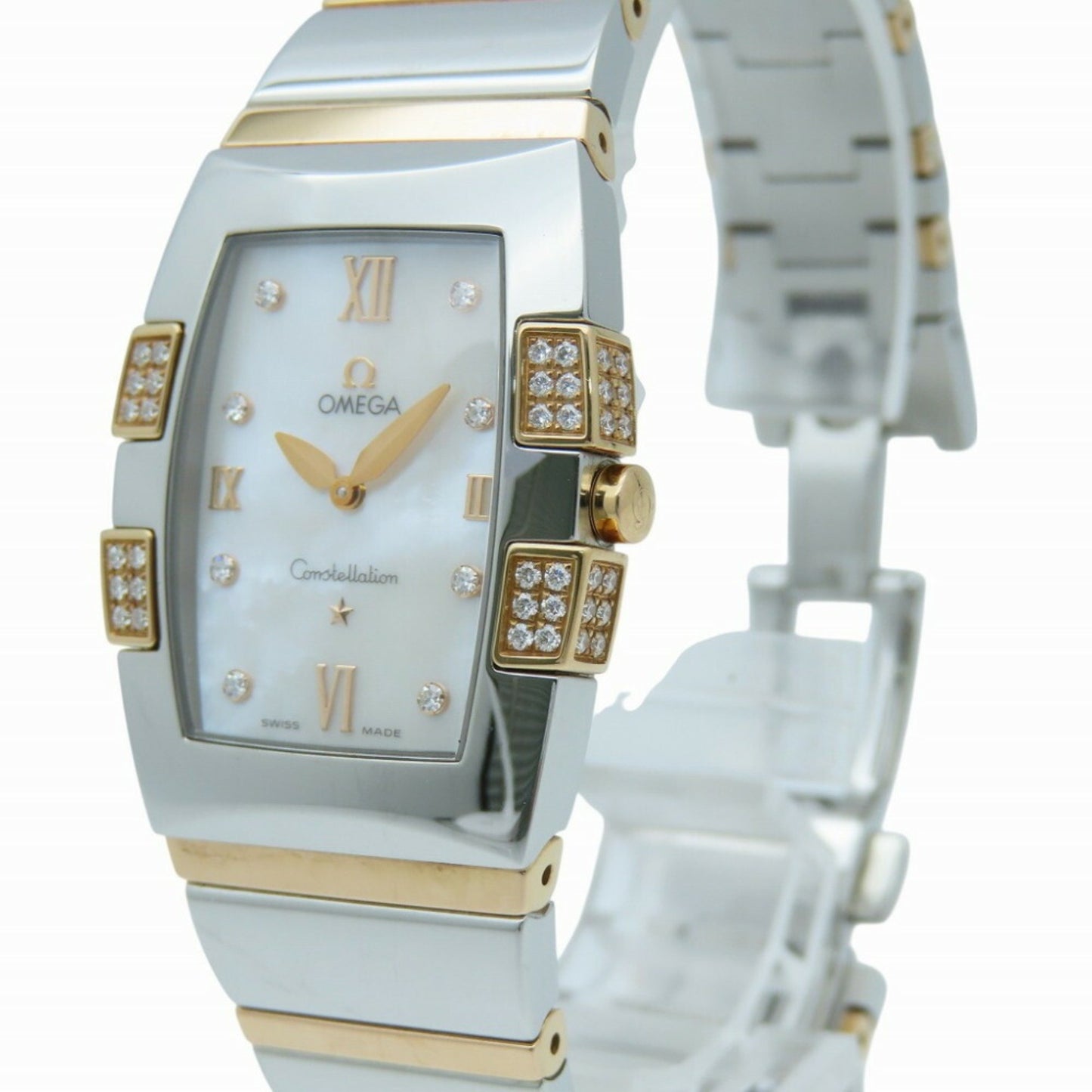 Omega Constellation Quadrella 1286.75 Quartz Watch Ss/Diamond/Pink Gold White Shell 0219Omega