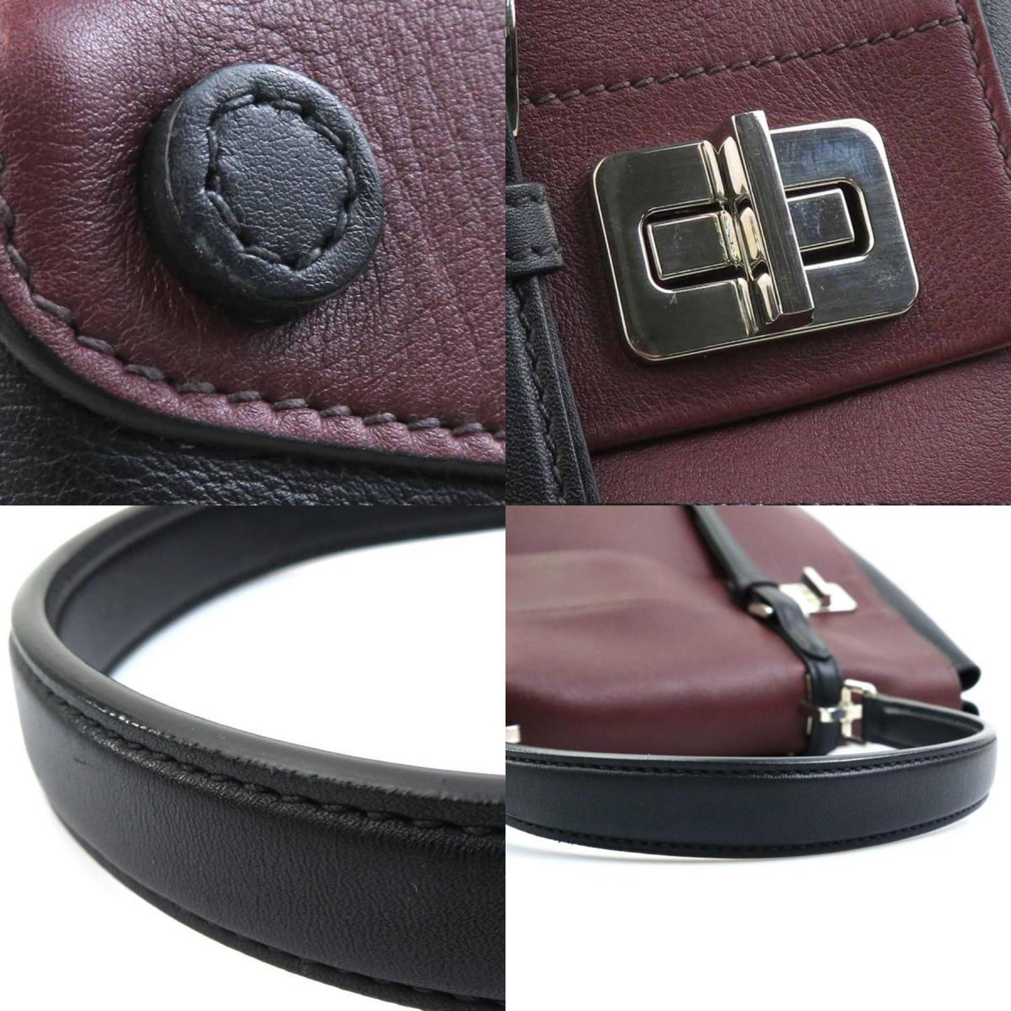 Prada Handbag Shoulder Bag Leather Burgundy Black Silver
