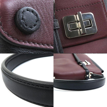 Prada Handbag Shoulder Bag Leather Burgundy Black Silver