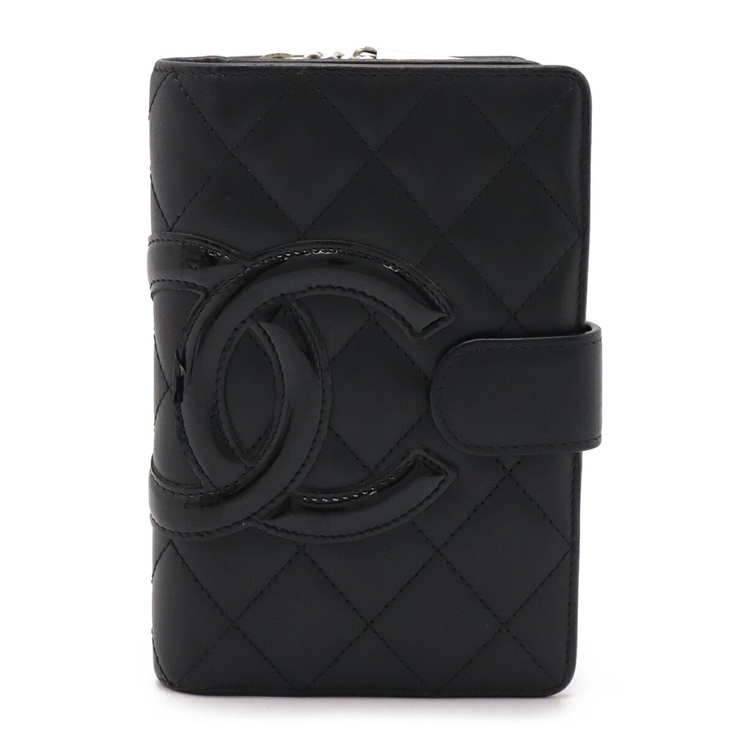 Chanel Cambon Line Coco Mark Bi-Fold Wallet Round Calf Leather Enamel Black Pink A50080