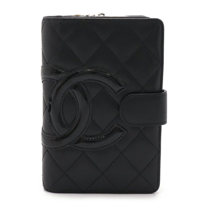 Chanel Cambon Line Coco Mark Bi-Fold Wallet Round Calf Leather Enamel Black Pink A50080