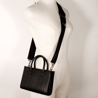 Burberry Embossed Check Handbag Shoulder Calf Black 2Way