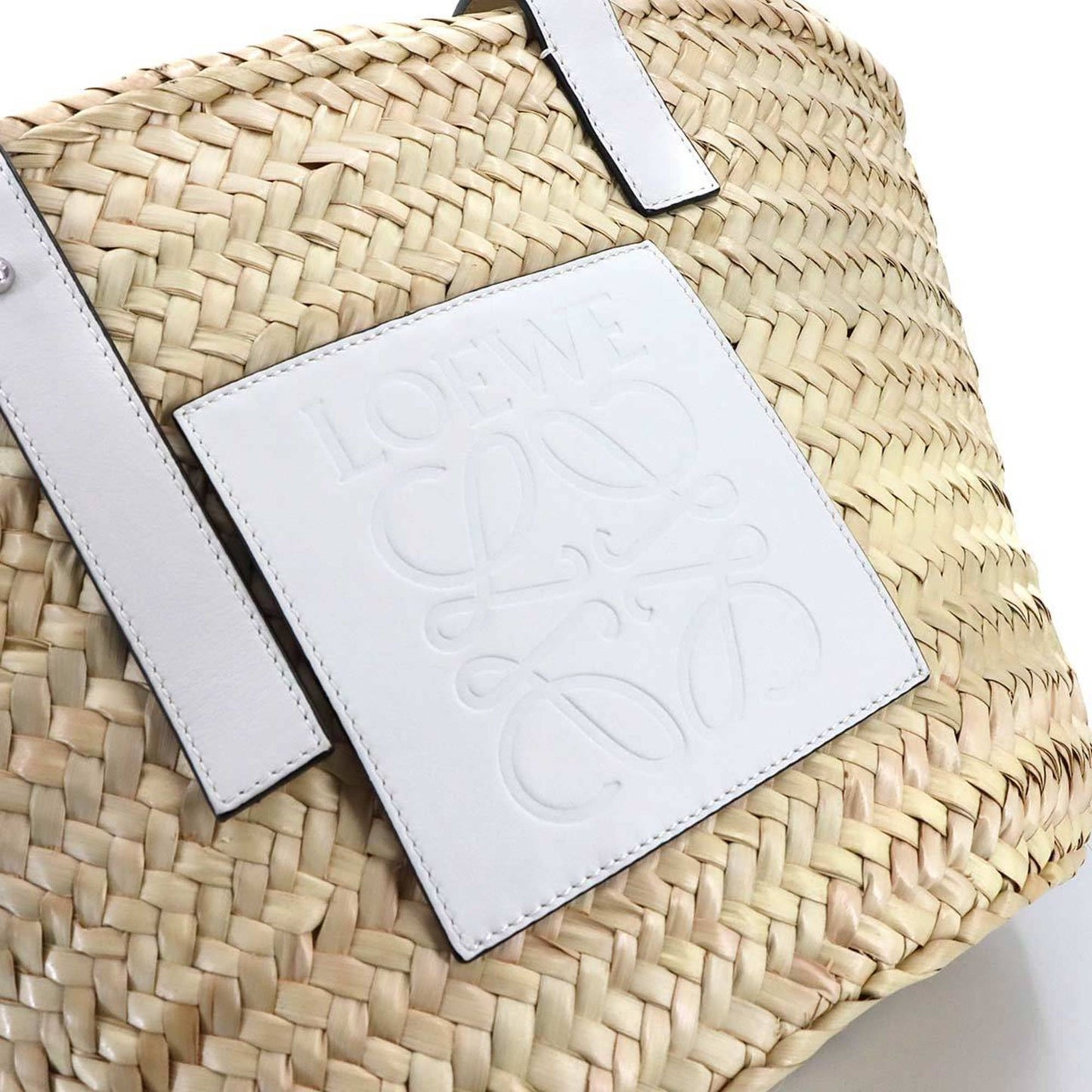 Loewe Basket Bag Tote Raffia Leather Natural Tan White Silver Hardware
