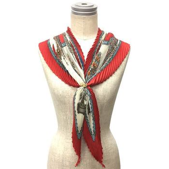 Hermes Pleated Scarf Carr 90 Bonsai Beautiful Time Ivory X Red 100% Silk Hermes Muffler