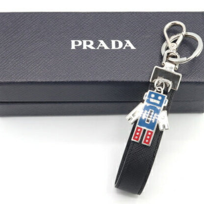 Prada Keychain 2Pp040 Black Leather Keyring Bag Charm Robot