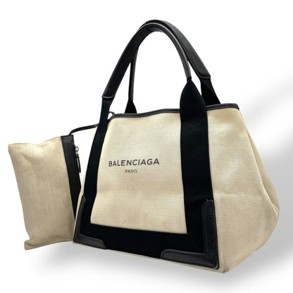 Balenciaga Cabas Handbag Tote Bag In White And Black Canvas With Leather Pouch