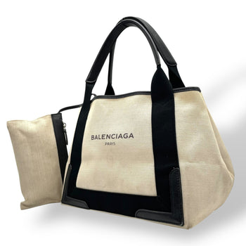 Balenciaga Cabas Handbag Tote Bag In White And Black Canvas With Leather Pouch