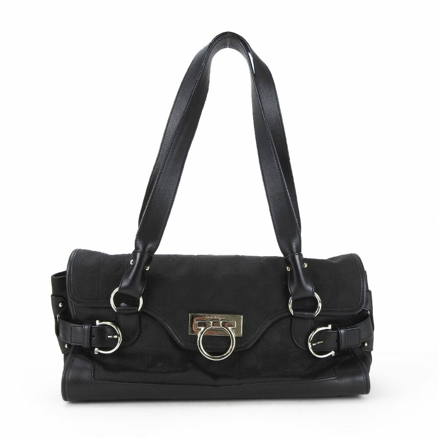Salvatore Ferragamo Handbag Ex-21 4913 Gancini Canvas Leather Black Shoulder Bag