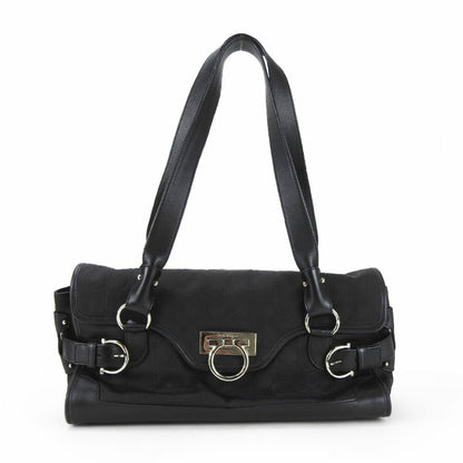 Salvatore Ferragamo Handbag Ex-21 4913 Gancini Canvas Leather Black Shoulder Bag