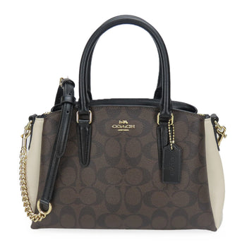 Coach Shoulder Bag F50054 Signature Leather Dark Brown Black Ivory Handbag