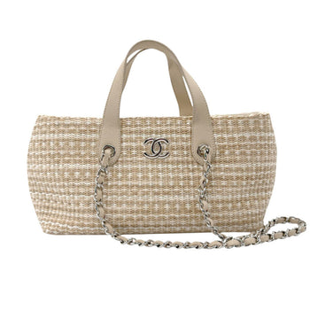 Chanel Handbag Shoulder Bag Raffia Leather Light Beige Silver