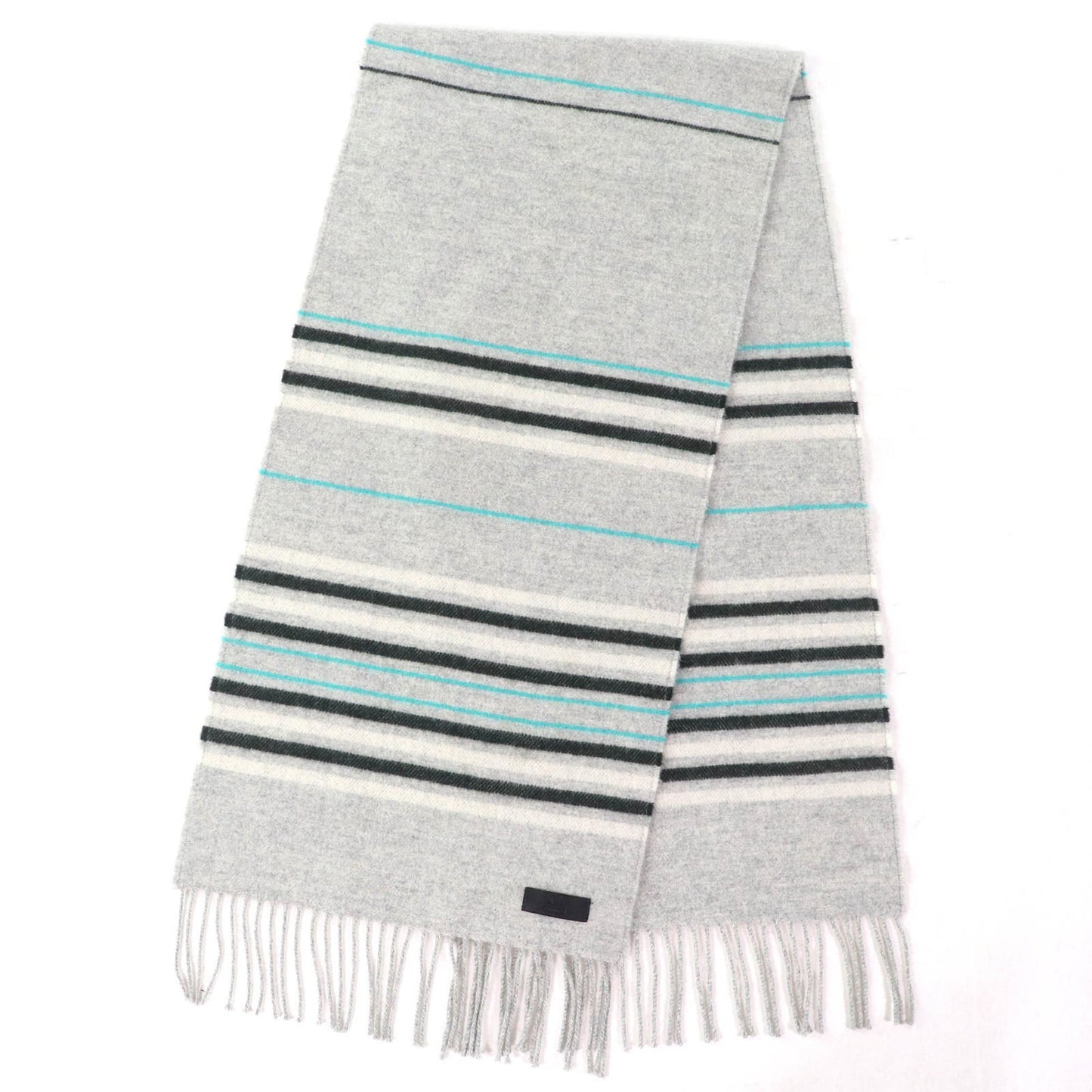 Hermes Neo Rocabar 100% Cashmere Gris Chine Leather Logo Patch Fringe Scarf/Shawl With Box