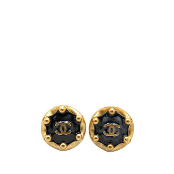 Chanel Coco Mark Round Earrings Gold Black Plated