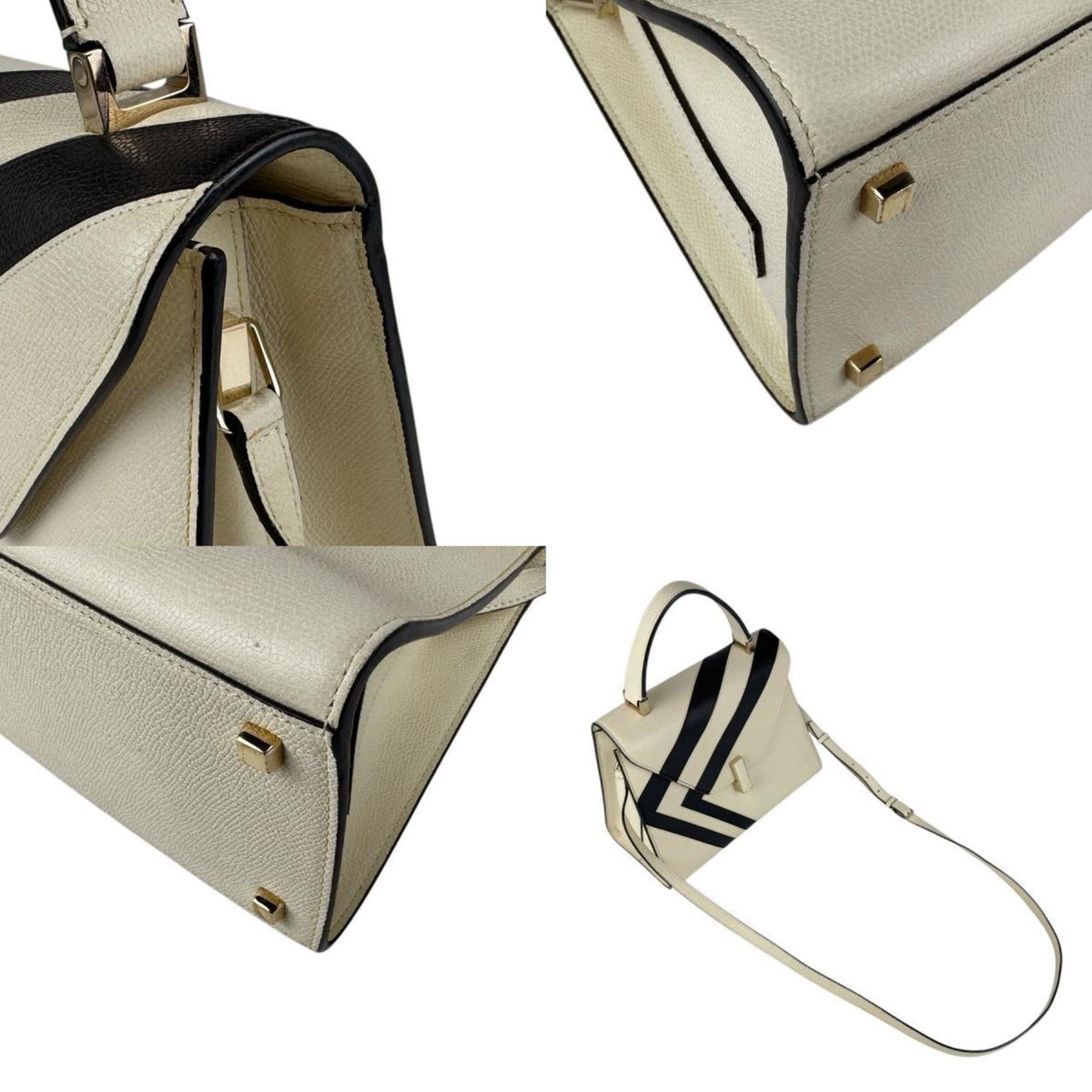 Valextra Handbag Shoulder Bag Medium Iside Intarsia Stripe Leather Ivory Black Gold