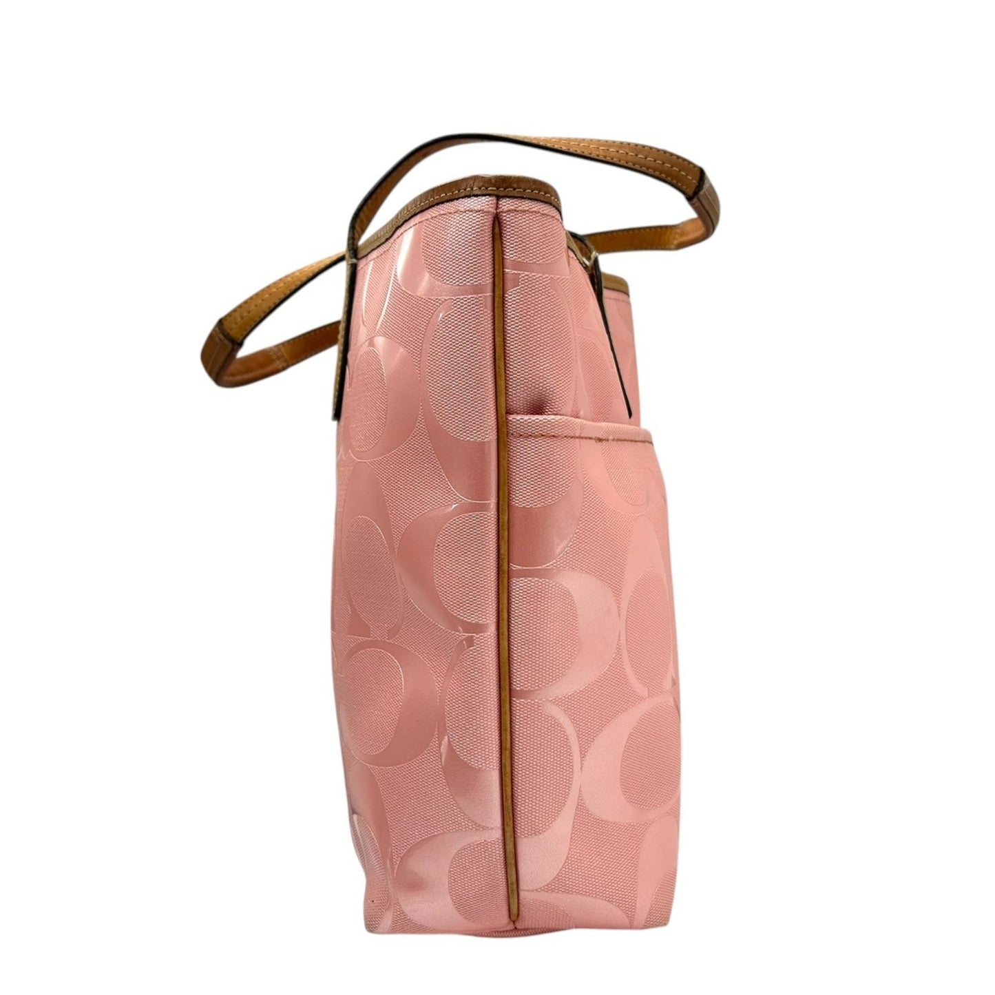 Coach Tote Bag Handbag F23621 Signature Patent Leather Pink Brown