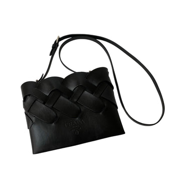 Prada Prada Logo Vitello Intrecciato Leather Shoulder Bag/Pochette/Sacoche In Black 28364