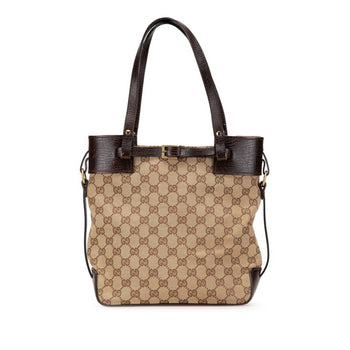 Gucci Gg Canvas Tote Bag Handbag 107757 Beige Brown Leather