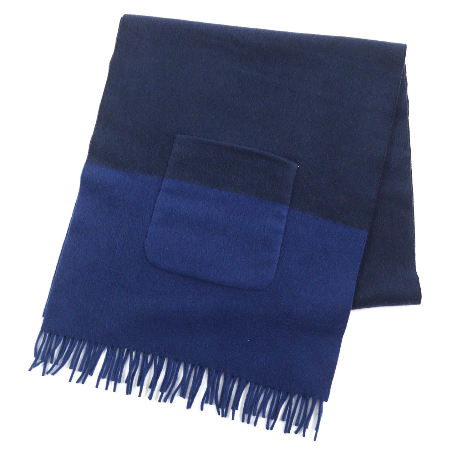 Hermes H259096S Allumette Pocket 100% Cashmere Marine Cobalt Leather Tag Fringe Large Shawl Scarf