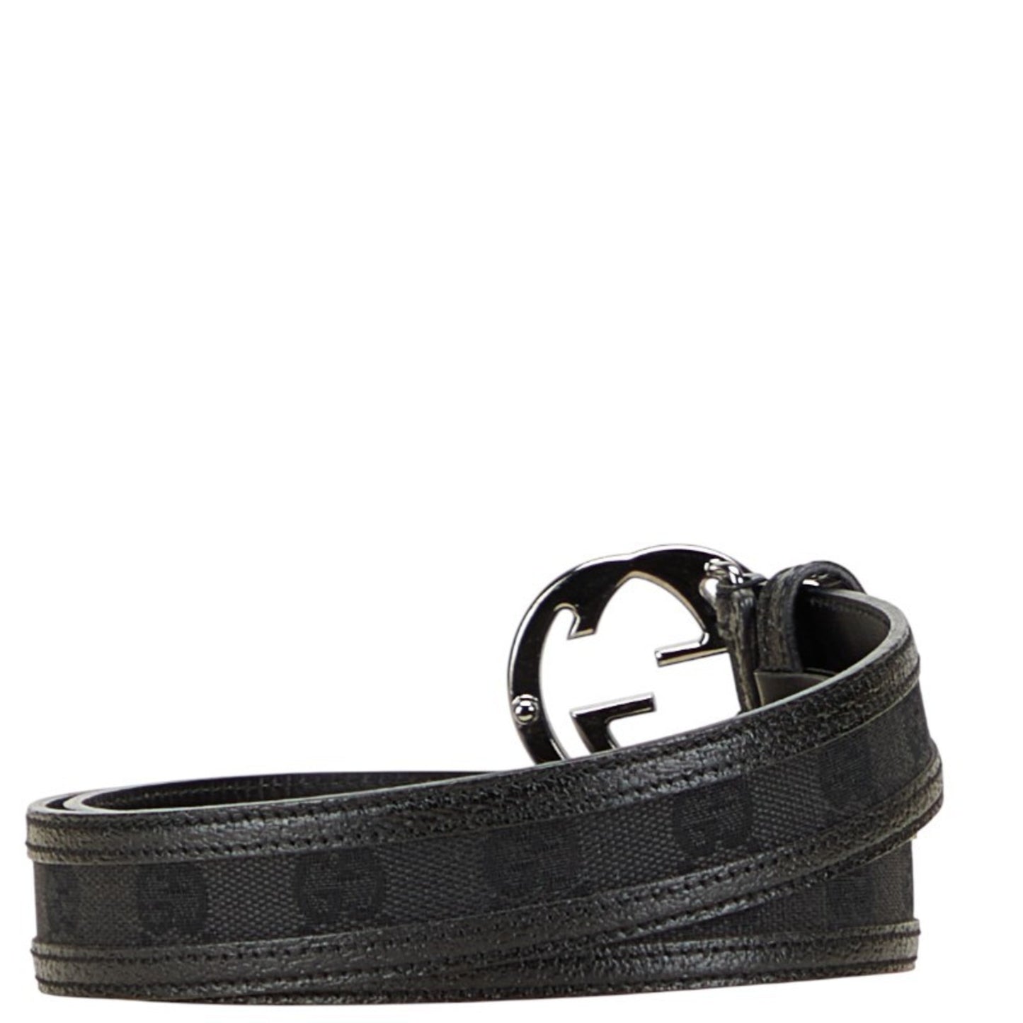 Gucci Gg Canvas Interlocking G Belt 80.32 114874 Black Silver Leather