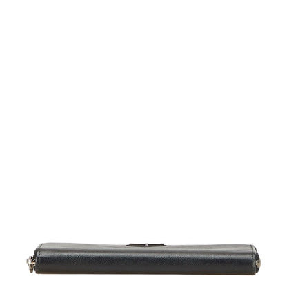 Prada Triangle Logo Plate Long Wallet Round Zipper Black Leather