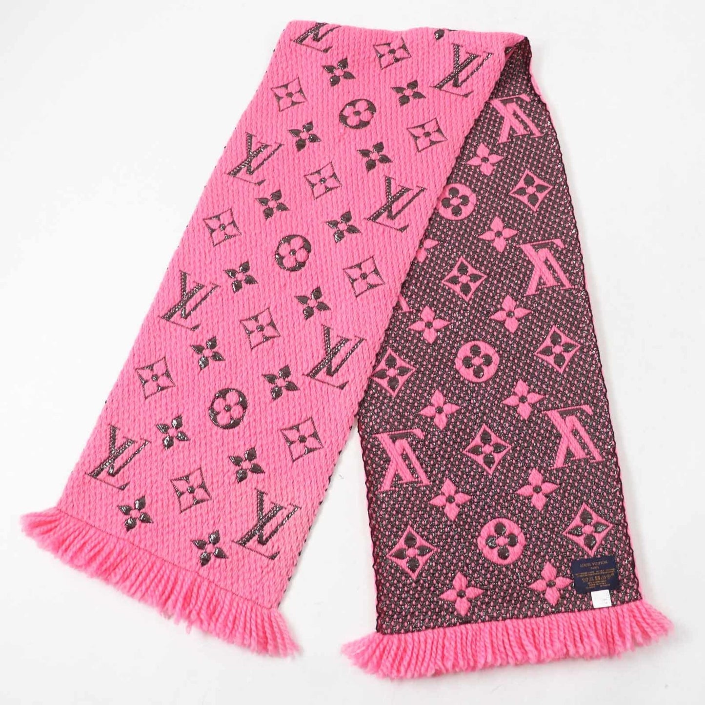 Louis Vuitton M76070 Echarpe Logomania Shine Wool And Silk Rose Pop Fringed Knit Scarf
