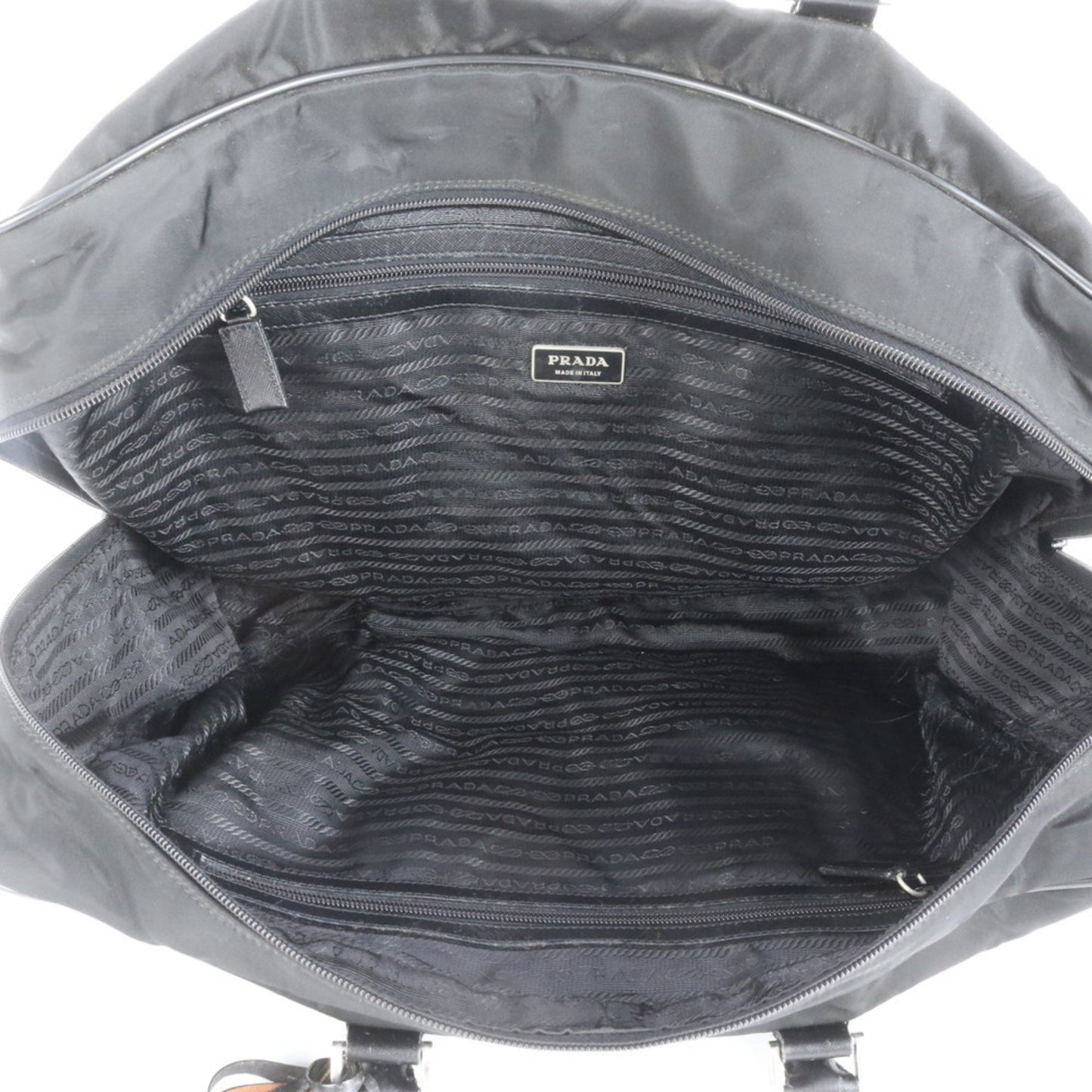 Prada Tessuto Nylon Triangular Logo Leather Boston Bag Tote Travel Black