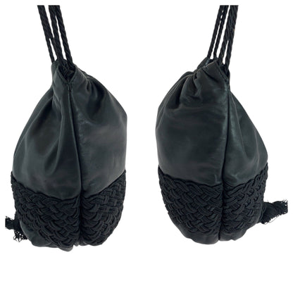 Loewe Vintage Logo Fringe Black Leather Shoulder Bag Drawstring