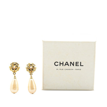 Vintage Chanel Camellia Flower Motif Faux Pearl Earrings