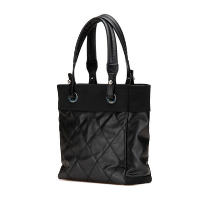 Chanel Paris Biarritz Tote Pm Bag Shoulder Black Leather Coated Canvas