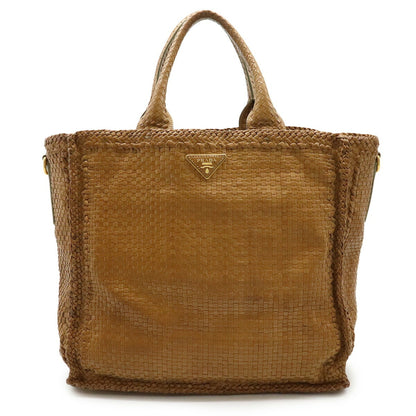 Prada Madras Tote Bag Leather Camel Light Brown Bn2222