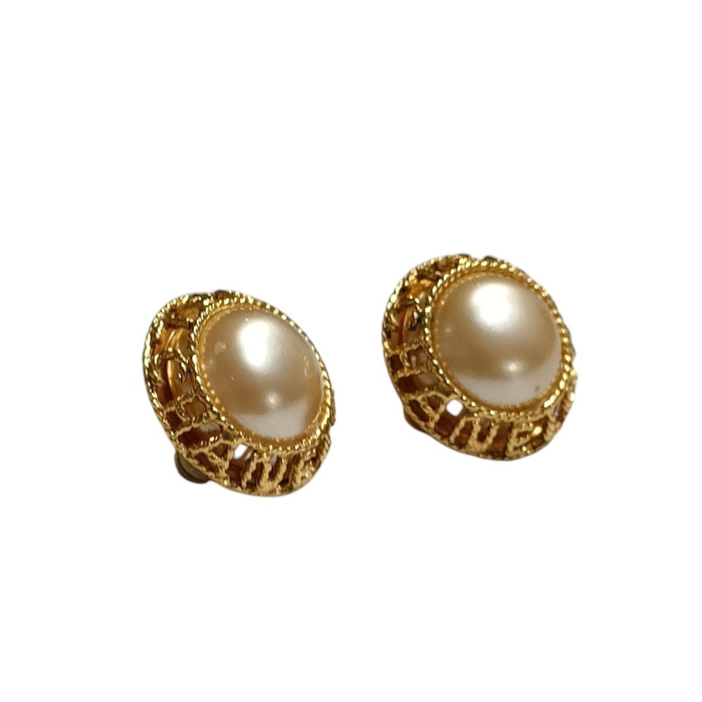 Chanel Vintage Faux Pearl Circle Clip Earrings
