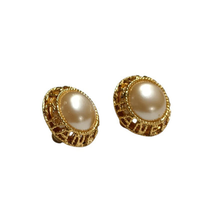 Chanel Vintage Faux Pearl Circle Clip Earrings