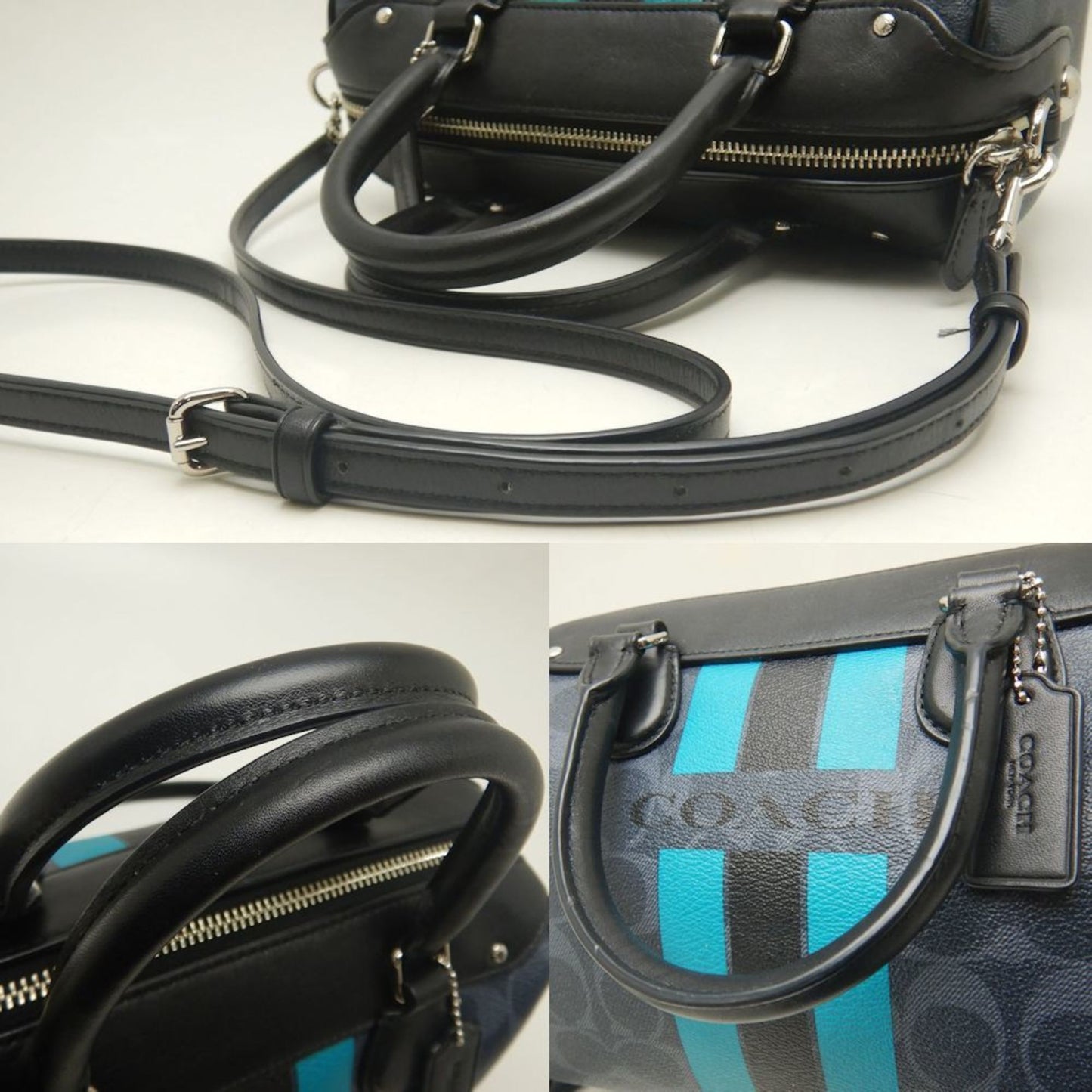 Coach Varsity Mini Bennett Satchel Signature Stripe F38401 Handbag In Black And Turquoise Leather