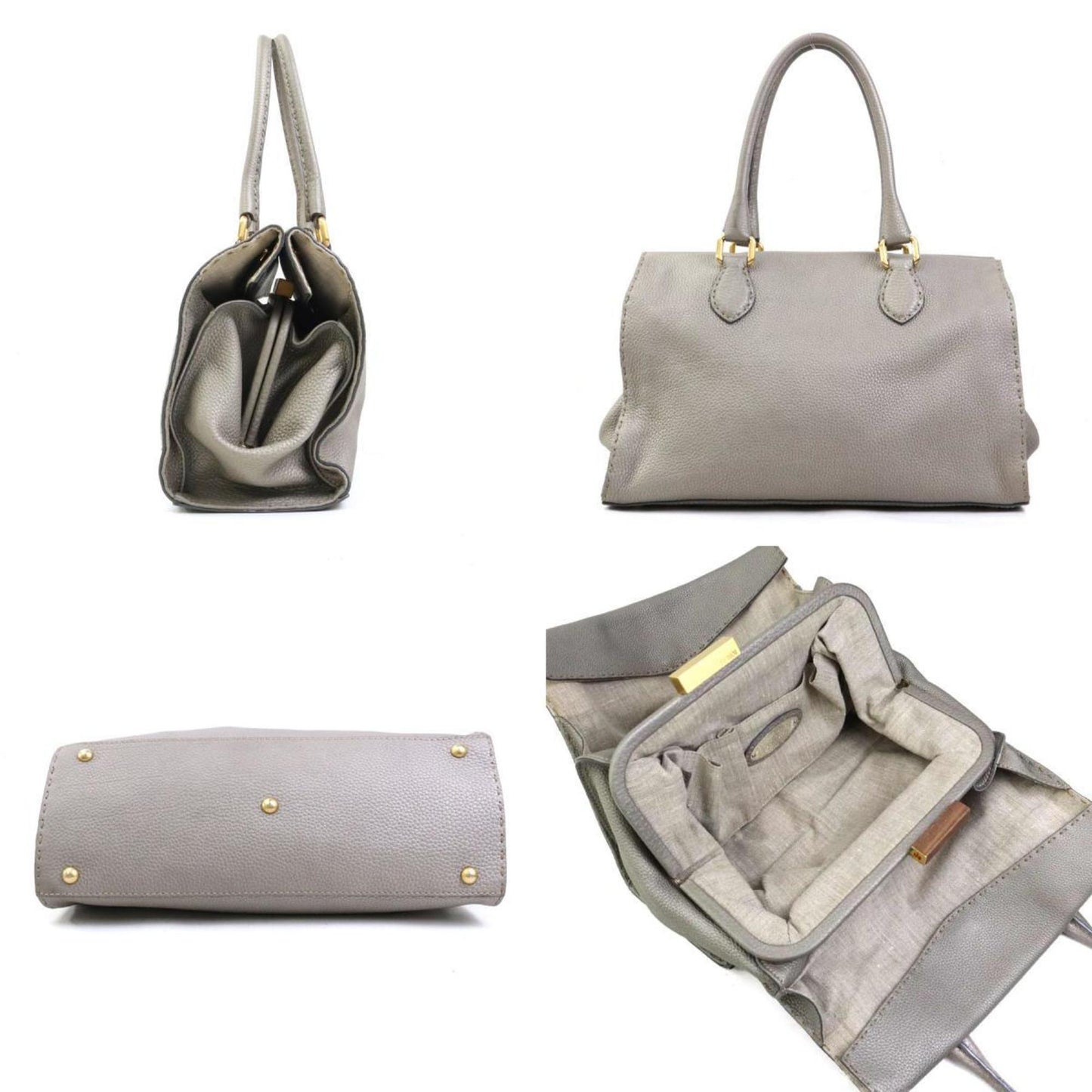 Fendi Handbag Selleria Leather Grey Gold