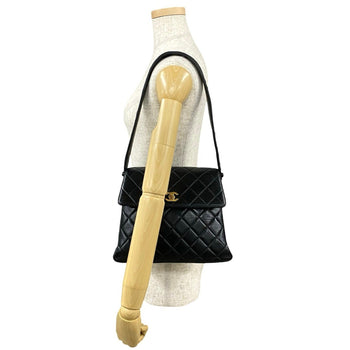 Chanel Matelasse Coco Mark Lambskin Genuine Leather One-Shoulder Bag Tote Black 37958