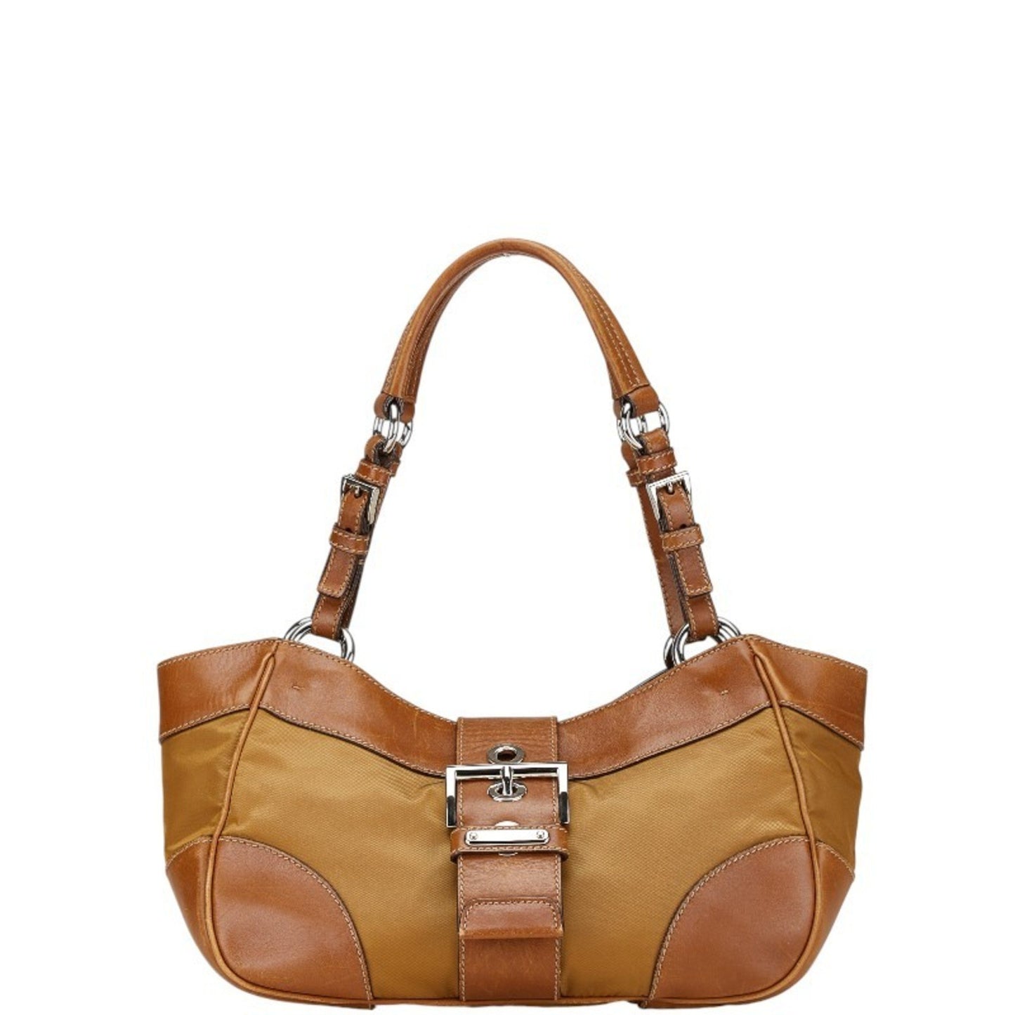 Prada Triangle Logo Plate Handbag Shoulder Bag Brown Nylon Leather