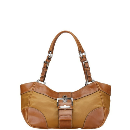Prada Triangle Logo Plate Handbag Shoulder Bag Brown Nylon Leather
