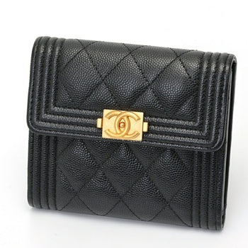 Chanel Boy Chanel Tri-Fold Wallet Compact A80743 Caviar Skin Black S-157722