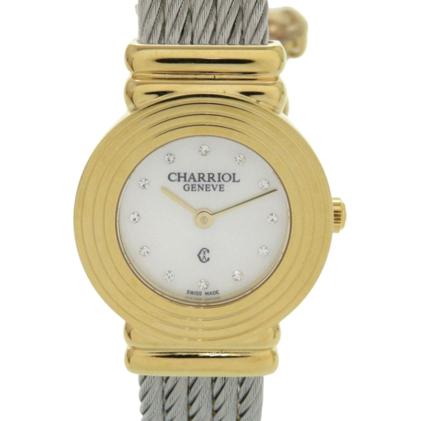 Unused Charriol Saint-Tropez 12-Piece Diamond Stainless Steel Watch With White Shell And Gold Dial