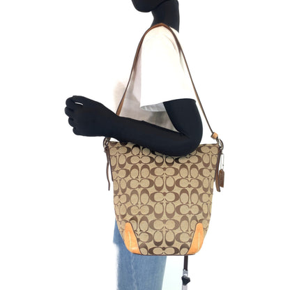 Coach Signature Beige Brown Silver Hardware Canvas Leather Hobo Shoulder Bag