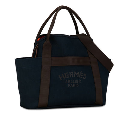 Hermes Sac De Pansage Groom Tote Bag Shoulder Navy Brown Canvas