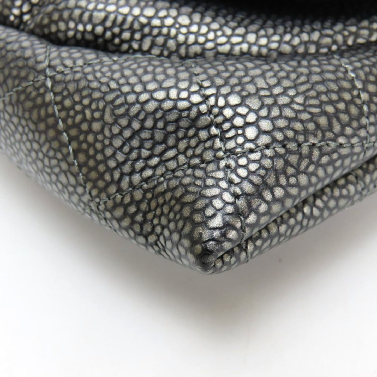 Chanel Half Moon Chain Wallet Shoulder Bag In Metallic Soft Caviar Leather With Silver Coco Mark