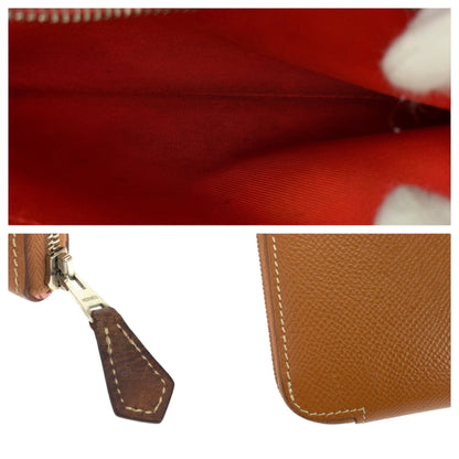 Hermes Azap Long Silk In Gold Brown Silver Hardware Epsom Leather Wallet Round Zipper X Stamp
