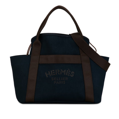 Hermes Sac De Pansage Groom Tote Bag Shoulder Navy Brown Canvas