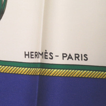 Herms Carr 90 "Les Voitures A Transformation" Folding Covered Wagon Silk Blue Scarf Muffler 0121