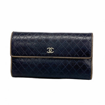 Chanel Tri-Fold Long Wallet Bicolor Leather Black Brown