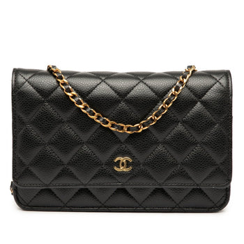 Chanel Matelasse Coco Mark Chain Wallet Shoulder Bag In Black Caviar Skin