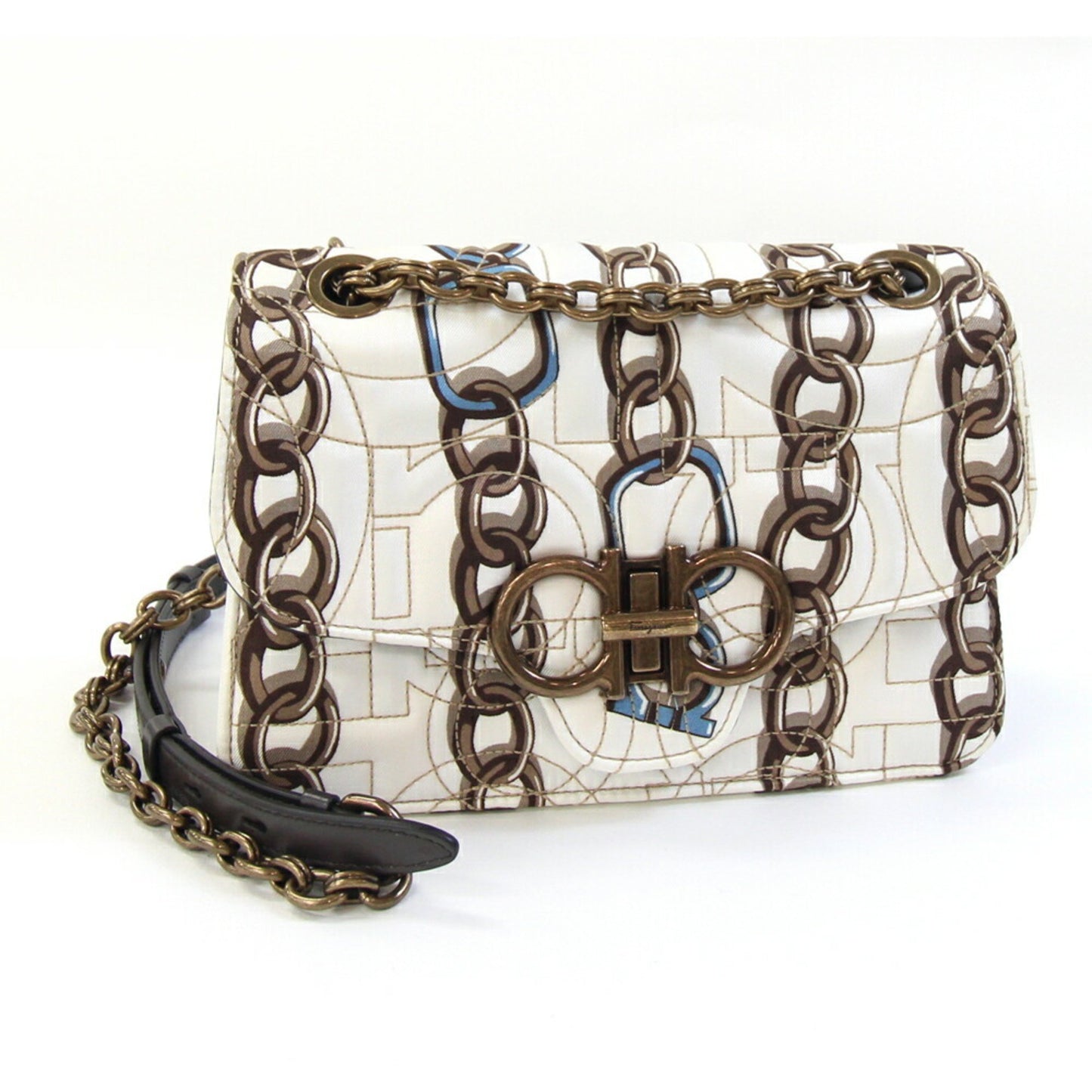 Salvatore Ferragamo Shoulder Bag 21H455 Off-White And Dark Brown Fabric Leather Chain With Gancini