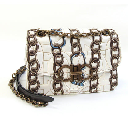 Salvatore Ferragamo Shoulder Bag 21H455 Off-White And Dark Brown Fabric Leather Chain With Gancini