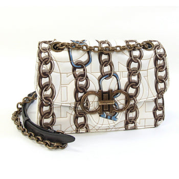 Salvatore Ferragamo Shoulder Bag 21H455 Off-White And Dark Brown Fabric Leather Chain With Gancini